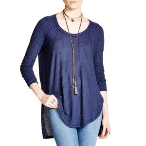 Free People Dark Blue Ventura Thermal Long Sleeve Hi Lo Top Size XS